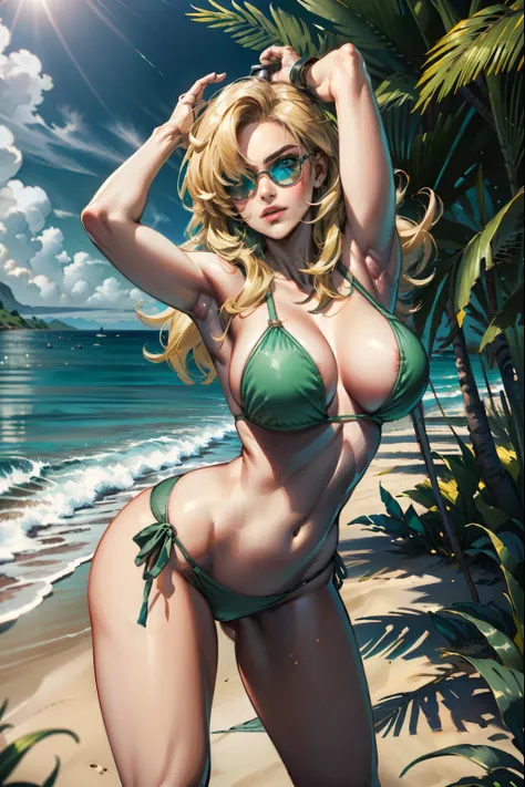 (extremely detailed CG unity 4k wallpaper),(masterpiece),(best quality),(ultra-detailed),(best illustration),(best shadow),(absurdres),(detailed background of a tropical beach), mgssniperwolf, hair over one eye, blue eyes, Green bikini, sun glasses, standi...