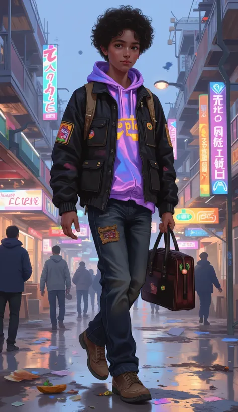 Full-body illustration of a boy with afro ebony skin and afro dark hair, styled neatly but effortlessly cool. His sharp gray eyes constantly analyze those around him. He wears a high-quality utility jacket with multiple hidden pockets, blending style and ...