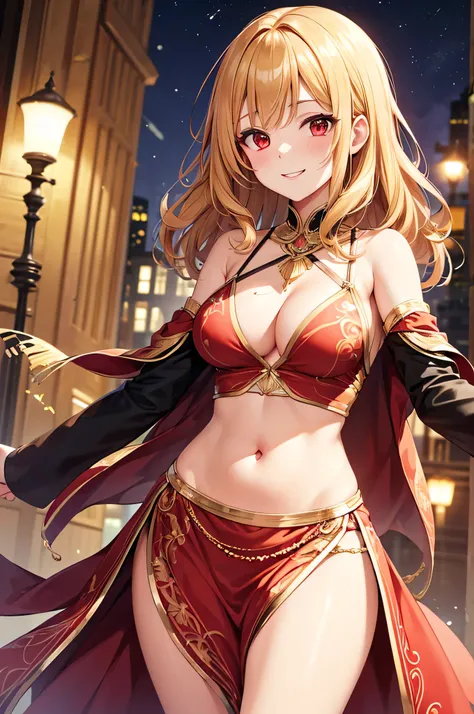  adult woman,  alone,  sexy, 8k resolution,(( top quality)),  ultra high resolution, (A gentle smile), ( red eyes),  beautiful symmetrical face  , ( Golden Curled Medium Hair),Belly Dance Outfit with Crest ,Dancer&#39;s Loincloth, LONG GLOVES,Jewelry decor...