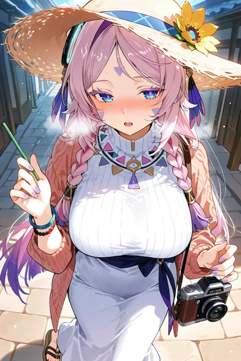 score_9, score_8_up, score_7_up, masterpiece, best quality, very aesthetic, absurdres, tunning image, light particles, attractive image, 1girl, adult grown woman, citlali \(genshin impact\), pink hair, purple hair, multicolored hair, twin braids, hair inta...