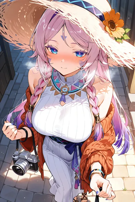 score_9, score_8_up, score_7_up, masterpiece, best quality, very aesthetic, absurdres, tunning image, light particles, attractive image, 1girl, adult grown woman, citlali \(genshin impact\), pink hair, purple hair, multicolored hair, twin braids, hair inta...