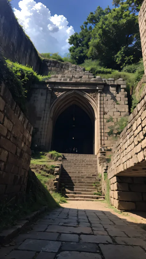  Masterpiece, 最  high quality ,  high quality ,  high quality ,  High Quality Africa's Great Zimbabwe Ruins , (Views from the steps leading to the underground ) Detailed CG Unity 8K Wallpaper  ,  Scenery, Outdoors,Sky and Clouds,Temple built by hollowing o...