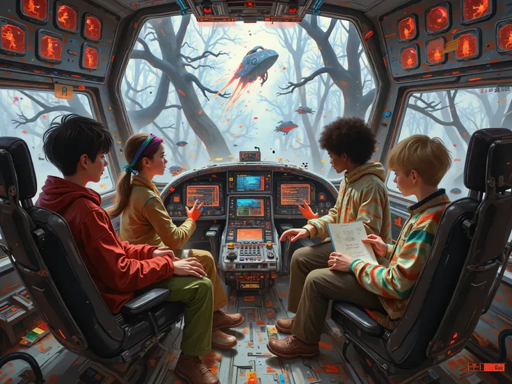A chaotic scene inside the cockpit of a spaceship, where four ren (12–) frantically press buttons and flip switches, trying to regain control. Red warning lights flash, holographic displays show critical system alerts, and alarms blare. The cockpit is futu...