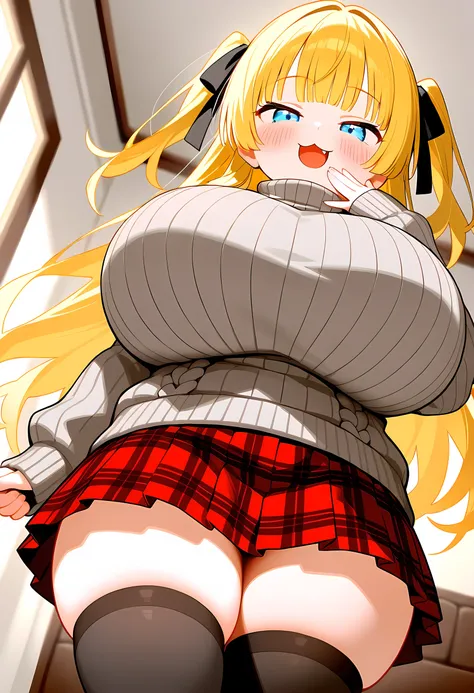 (ultra-detailed), (toddler:1.4),thigh focus,from below,hand to own mouth, , gray Sweater,turtleneck,sleeves past wrists,red pleated skirt,plaid skirt,black over-kneehighs,huge breasts,disproportionate breasts,thick thighs, seductive smile,open mouth,:3, li...