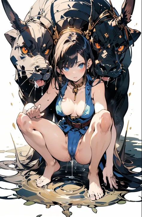 anime - style illustration of a woman in a enamel clothing, shirtless:1.5, fantasy video game character, official character art, feminine, full body, female action anime girl, long hair, dull bangs, blush, (cameltoe:1.5), (squatting Posing:1.5), (pussy jui...