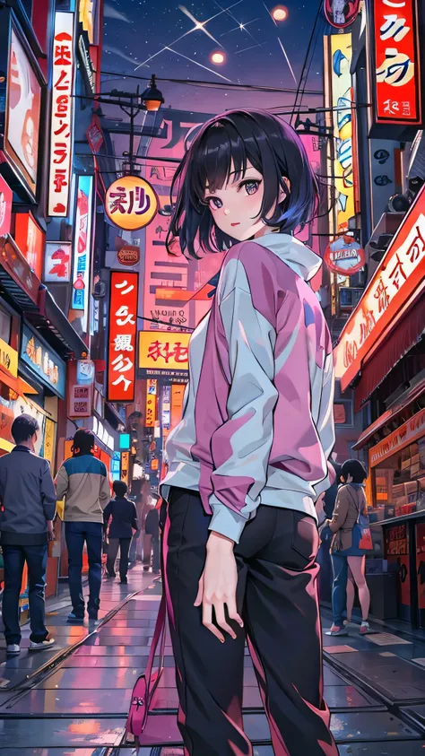 Anime screen caps with high definition images, night city , moon,  1 girl, Alone,  short hair,  black hair,  purple eyes,  is watching viewers ,  hair between eyes, Front , cowboy shot,  Closed Mouth,  Face Details , Orange sweatshirt ,  black pants, Walki...