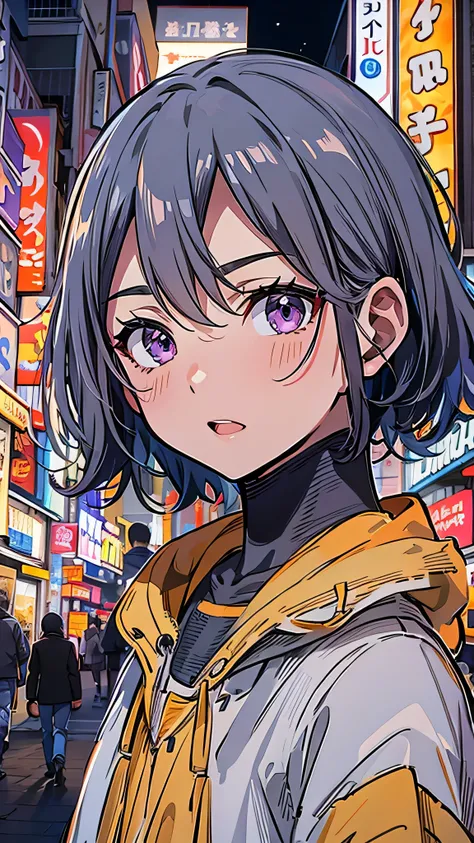 Anime screen caps with high definition images, night city , moon,  1 girl, Alone,  short hair,  black hair,  purple eyes,  is watching viewers ,  hair between eyes, Front , cowboy shot,  Closed Mouth,  Face Details , Orange sweatshirt ,  black pants, Walki...