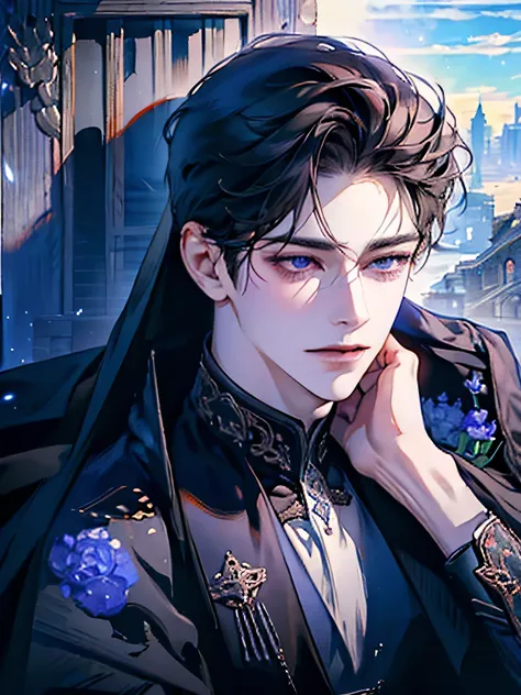 masterpiece,   Water comes out of a lot ,   detailed face,   realistic, 10,000,  middle-aged men,   handsome young man ,  smiles,  full body, extremely   detailed face,   cold and sarcastic  , ((  dark purple eyes  )), (( dark hair)), [ Thick snow blue ], ...