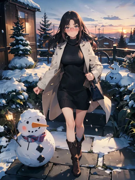 anime - style illustration of a woman in a ultra fit knit sweater:1.5, long white coat, long boots, anime character, official character art, feminine, full body, female anime girl, parted bangs, glasses, (tanned:1.0), crazy snowman:1.5, looking at viewer, ...