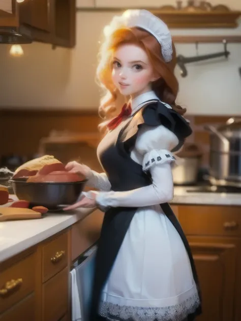 there is a woman in a maid outfit standing in a kitchen, a hyperrealistic painting by Alexander Kucharsky, reddit, renaissance, gorgeous maid, in the kitchen, amouranth, better known as amouranth, maid, anna nikonova aka newmilky, maid outfit, in a kitchen...