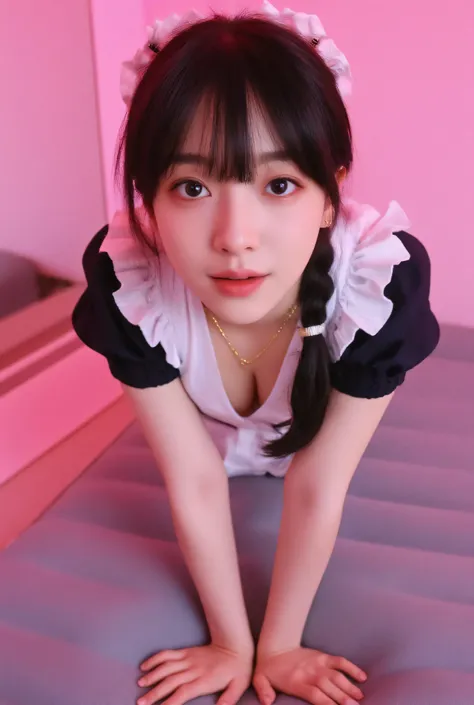 ((top quality)), ((masterpiece)), (Details),one Japanese girl, age 18,japanese idol face,droopy eyes,smile ,open mouth,look at me , black tying hair, white skin ,french maid costume,ribbon accents,cleavage, small gold earrings,small gold necklace,(accurate...