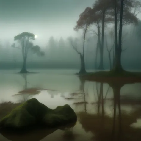 trees in the water are surrounded by rocks and water, ethereal landscape, artistic swamp with mystic fog, dead forest, in a surreal dream landscape, dead tree forest, ethereal mist, mystical lake, floating trees, water mists, mystical forest lagoon, surrea...