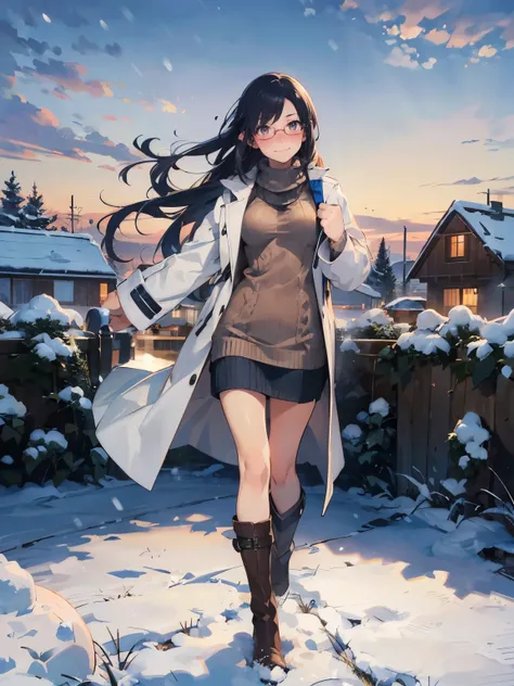 anime - style illustration of a woman in a ultra fit knit sweater:1.5, long white coat, long boots, anime character, official character art, feminine, full body, female anime girl, parted bangs, glasses, (tanned:1.0), crazy snowman:1.5, looking at viewer, ...