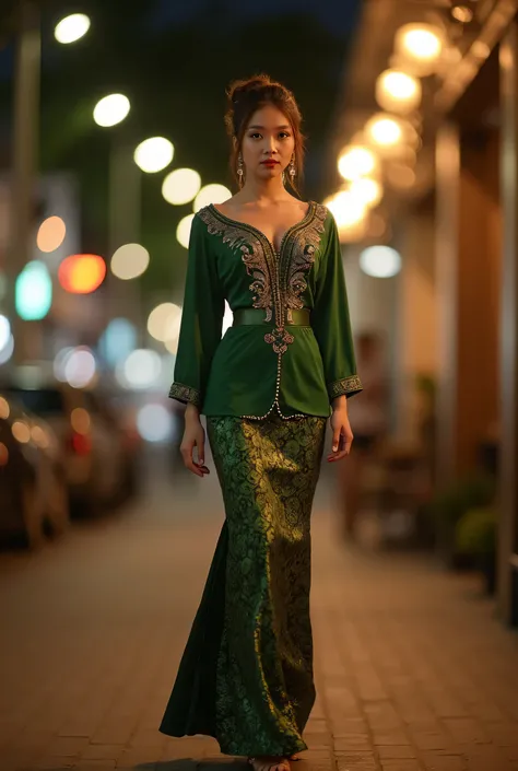 a beautiful Javanese young woman wearing a traditional kebaya outfit. Her hair is styled neatly in a traditional Javanese hair bun style. The kebaya features intricate glossy green with embroidery on the bodice and edges paired, with a tight batik skirt. w...