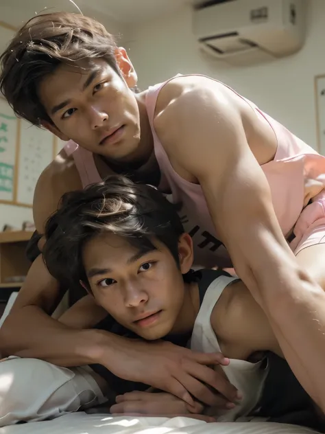 Duo、young boy s, The fair-skinned, slender basketball club manager with muscular brown skin、entrance、Everyone's popular person、 is a pink bib wearing a basketball club bib 、 brown skin that looks great with pink 、 is wearing a white shirt uniform and blue ...