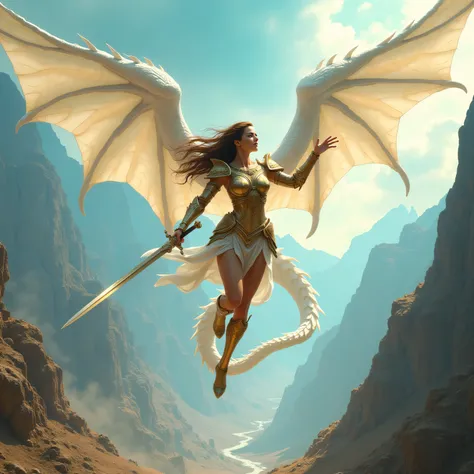  Warrior brown woman flying in a long dress and armor , with sword and wings of a white dragon ,  gold and aquamarine in a mountainous landscape fighting against the enemy, illuminated 