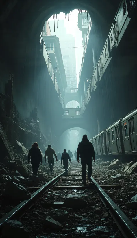  The interior of a collapsed subway station . Destroyed tunnels ,  derailed trains ,  water seeping from the roof and a group of people trapped in rubble desperately looking for a way out.