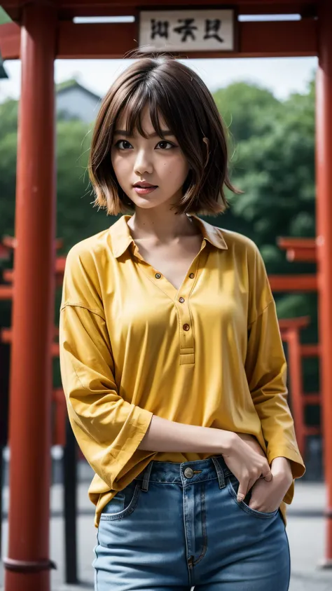  in high definition、paint_ style, Fushimi Inari Taisha in Kyoto、In front of the red torii gate 、  1 girl, Alone,  watches viewers,  short hair, bangs,  maroon hair,  Face Details ,  yellow eyes, Beautiful lips, lips,  eyelashes,  orange shirt, denim、  port...