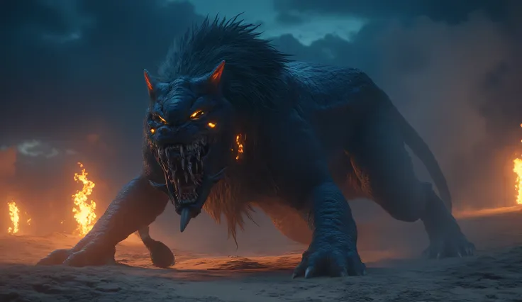 A blue lion with a black crocodile head. A large creature with sharp teeth. His eyes are glowing with a golden light. It is located in a hot desert. night sky, cold lighting. fire. horror