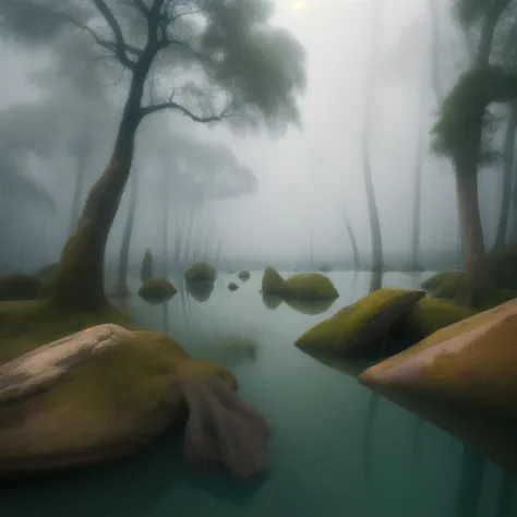 trees in the water are surrounded by rocks and water, a picture by Cheng Jiasui, unsplash contest winner, conceptual art, ethereal landscape, artistic swamp with mystic fog, dead forest, in a surreal dream landscape, dead tree forest, ethereal mist, mystic...