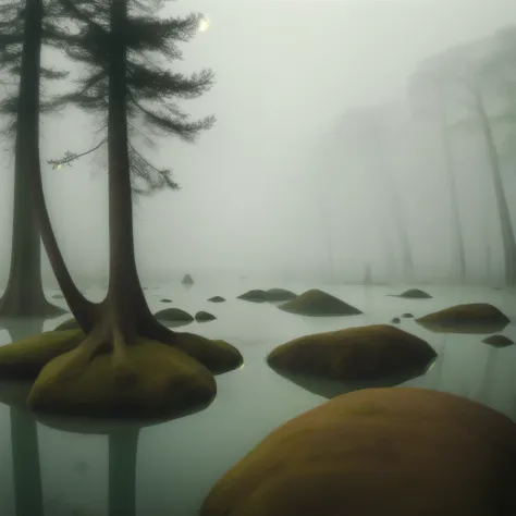 trees in the water are surrounded by rocks and water, a picture by Cheng Jiasui, unsplash contest winner, conceptual art, ethereal landscape, artistic swamp with mystic fog, dead forest, in a surreal dream landscape, dead tree forest, ethereal mist, mystic...