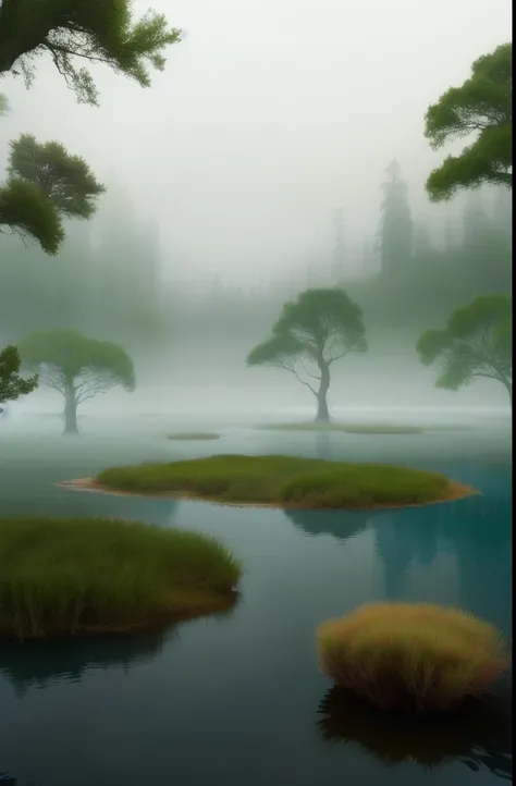 trees in the water are surrounded by rocks and water, ethereal landscape, artistic swamp with mystic fog, dead forest, in a surreal dream landscape, dead tree forest, ethereal mist, mystical lake, floating trees, water mists, mystical forest lagoon, surrea...