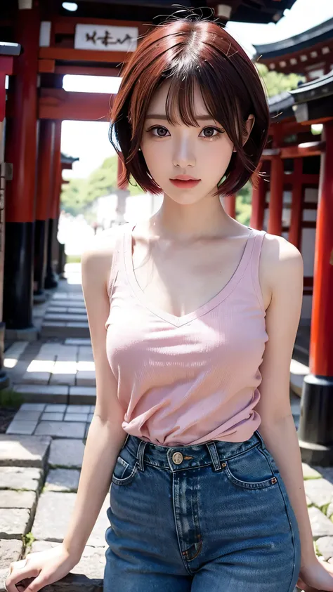  in high definition、paint_ style, Fushimi Inari Taisha in Kyoto、In front of the red torii gate 、  1 girl, Alone,  watches viewers,  short hair, bangs,  maroon hair,  Face Details ,  yellow eyes, Beautiful lips, lips,  eyelashes,  pink shirt,Denim full body...