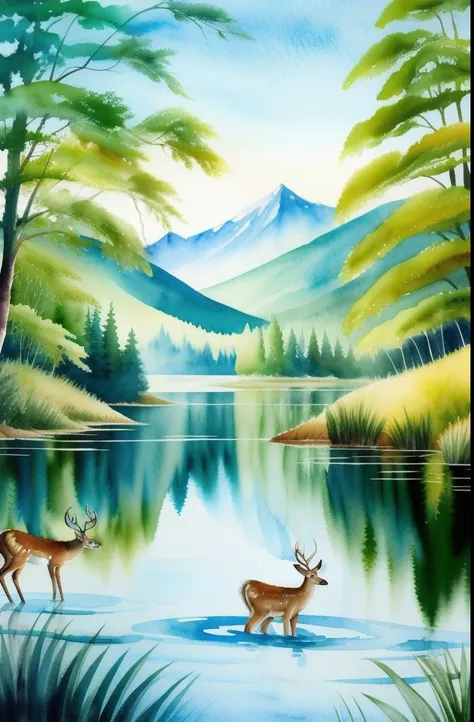 painting of a deer drinking water in a forest with trees, deers drinking water in the lake, highly detailed water colour 8k, highly detailed water colour 8 k, john banovich, water painting, wildlife illustration, detailed watercolor painting, nature painti...