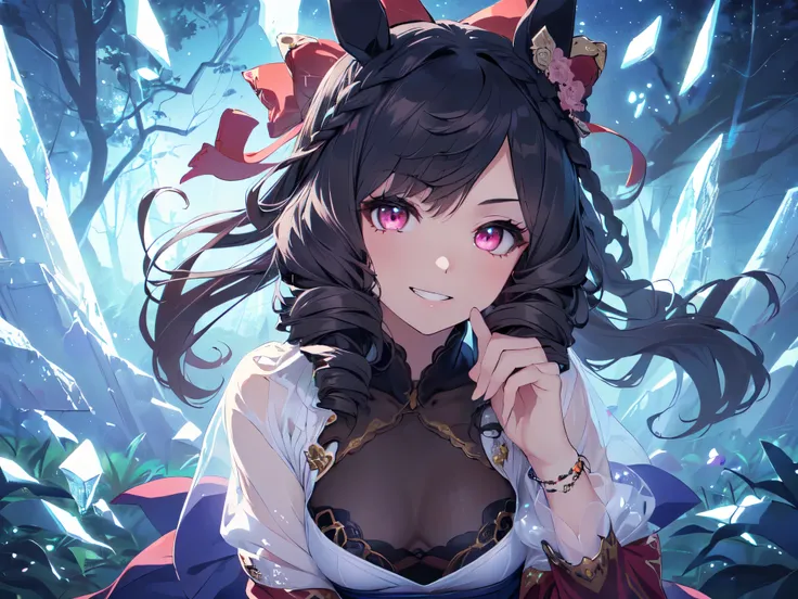 (((Solo, girl with horse ears and horse tail, Japanese princess, ((see-through)), no bra, cable sweater, skirt, blue outfit, thighs in tights, ((crystal-shaped accessories, hair accessories)), toothy grin, squinting, glowing eyes, hair tousled in the wind,...