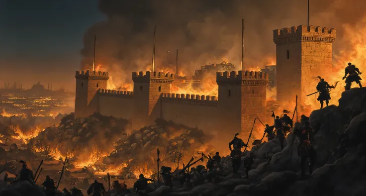A wide shot of a fortified city wall at night, illuminated by the fires of a besieging army, with figures of soldiers silhouetted against the flames. Focus on the imposing height and strength of the walls