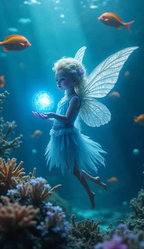 A magical macro photograph featuring a luminous sea pixie no taller than a sand dollar. Her gossamer wings glimmer with sapphire hues as she hovers above a coral reef. In her hands, she cradles a radiant blue gemstone that seems to pulse with oceanic energ...