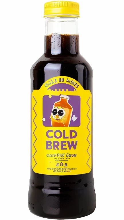 a close up of a bottle of cold brew with a yellow cap, cold brew coffee ), cartoon brew, cold beer, cold, label design, bottle, product label, drink, beer, soda, front label, coffee, label, kda, ice coffee, cute:2, 2 0 yo, 20yo, mild, cold drinks, detailed...