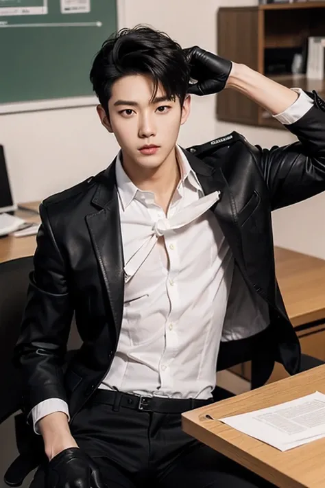 full body shot,A slim muscular, Handsome Korean boy idol is wearing a police uniform with a tie and black leather gloves. lay down Showing abs,  in office desk. sexy.realistic high quality


