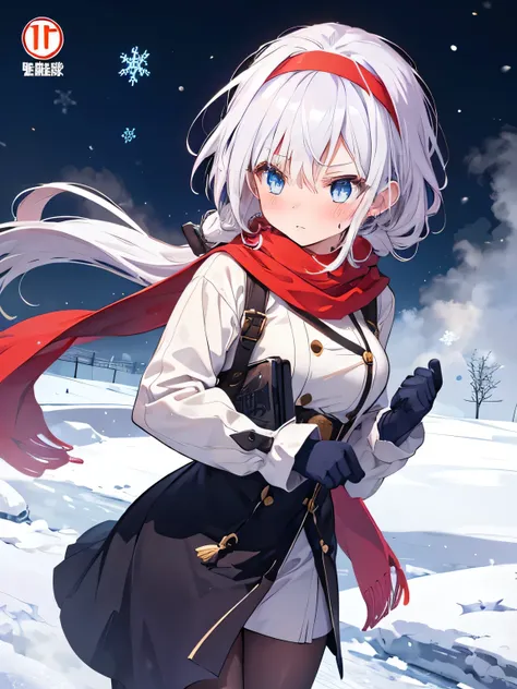 solo mature female, long flowing white hair, blue eyed tinged with a shade of lavender, golden ornaments, snowy background, blizzard, cool, mage, purple scarf, steaming breath, pacing through blizzard, hair flowing behind, blush, red ears, blue mittens, re...