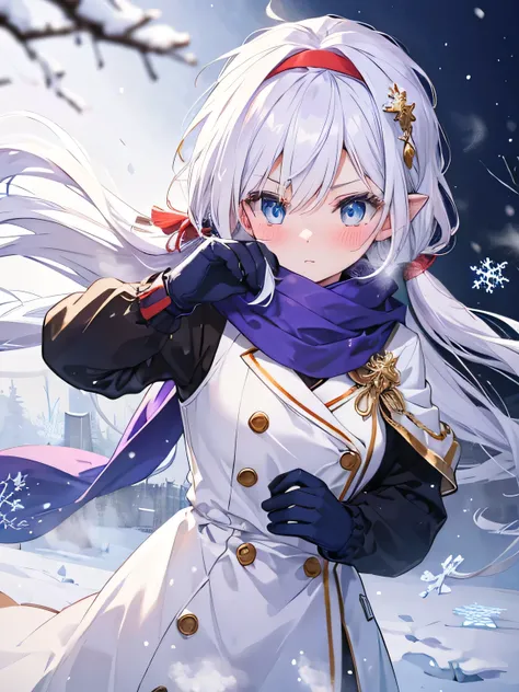 solo mature female, long flowing white hair, blue eyed tinged with a shade of lavender, golden ornaments, snowy background, blizzard, cool, mage, purple scarf, steaming breath, pacing through blizzard, hair flowing behind, blush, red ears, blue mittens, re...