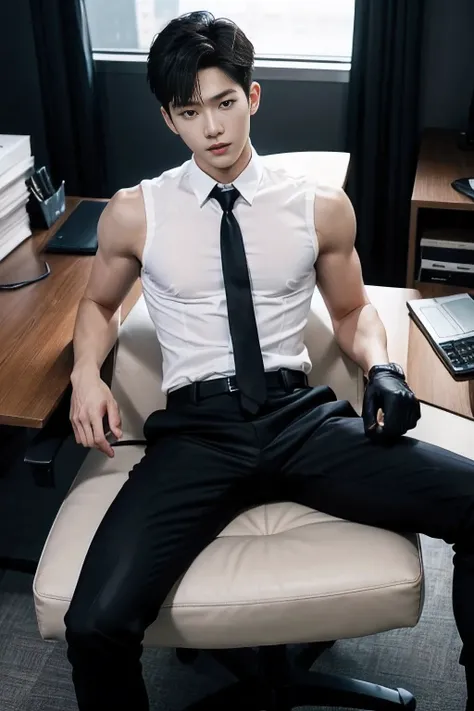 full body  shot, A slim muscular, Handsome Korean boy idol is wearing a sleeveless police uniform with a tie and black leather gloves. lay down Showing abs,  in office chair. sexy.realistic high quality


