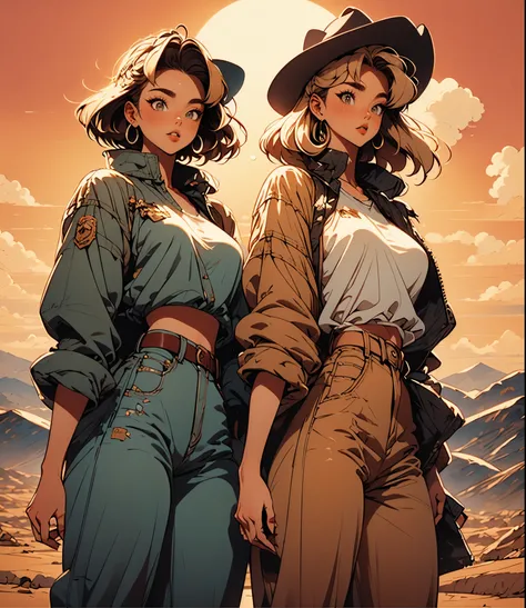 1 female cowgirl (1 girl), cowgirl jeans, cowboy clothes, cowboy hat, sheriff, shooting a gun, blonde hair,años 90, retro. Background: desert, western, sunny, coyotes