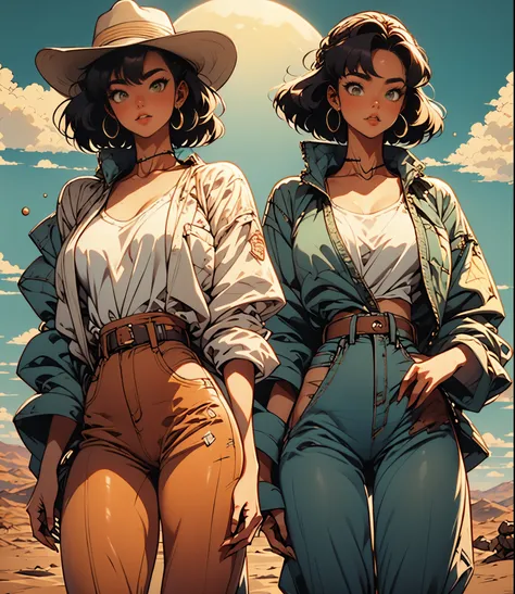 1 female cowgirl (1 girl), cowgirl jeans, cowboy clothes, cowboy hat, sheriff, shooting a gun, años 90, retro. Background: desert, western, sunny,