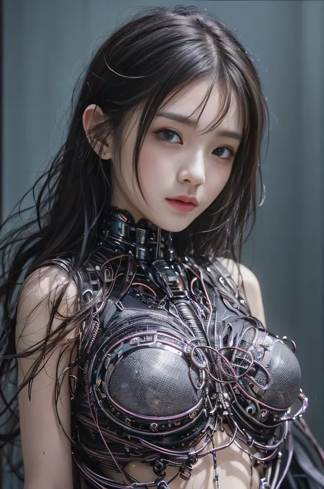 highest quality、masterpiece、Ultra-high resolution、(Photorealistic:1.4)、RAW Photos、1 girl、Black Hair、Glowing Skin、1 Cyberpunk Girl、((Ultra-Realistic Details))、Portrait、Global Illumination、Shadow、Octane Rendering、8k、Super sharp、Huge 、Bare skin exposed in the...