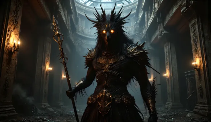 The creepy god of death, Anubis. He holds a golden long staff in his hand. He's big and muscular. The headdress of the pharaohs is on his head. The head of a black jackal. The eyes are glowing with a golden light. He's in the middle of a creepy Egyptian te...