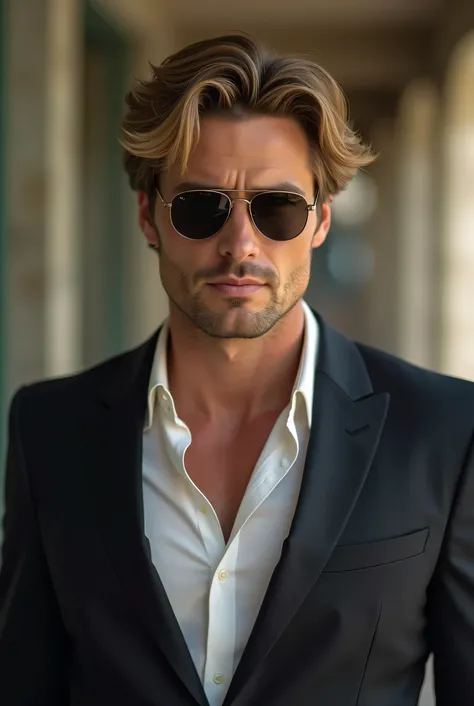 Men's 3 ，European hair color ， Medium build ， White shirt Dark suit jacket ，Healthy Skin Tone，Wearing sunglasses，Rich ren， Personality Stable ， Smoking looks like he has experienced many worlds， has so many dollar bills to spill， wearing a famous brand wat...