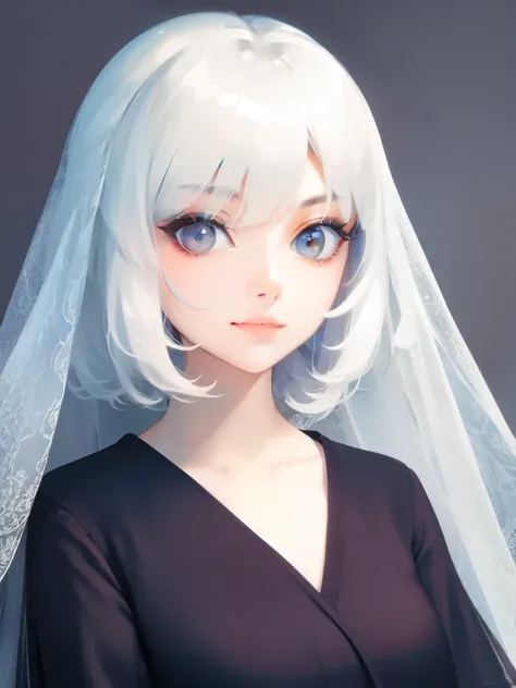 Veil on head, gray veil, white hair, gray white, Guvez art style, arrogant and indifferent girl, half-squinted, white eyeballs, white eyes, national style, gray-white