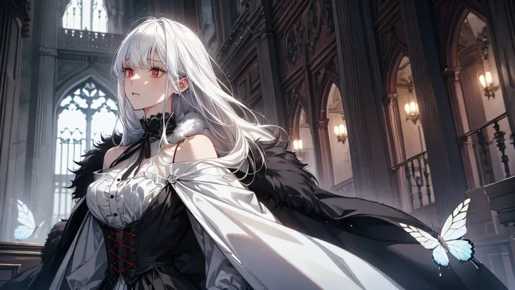 1 woman, white hair, bangs, red eyes, thin body, looking to the side, back facing camera, sorrowfull expression, black dress, white furs coat around shoulders, dark vibes, victorian era interior, white glow butterflies around.