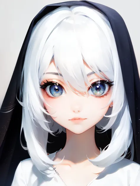 Veil on head, gray veil, white hair, gray white, Guvez art style, arrogant and indifferent girl, half-squinted, white eyeballs, white eyes, national style, gray-white