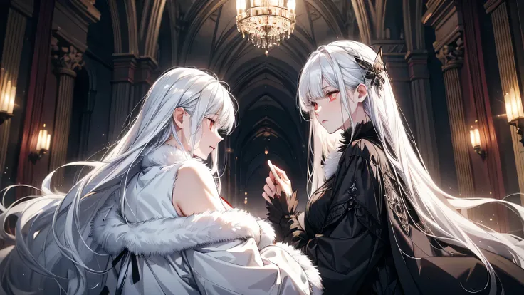 1 woman, white hair, bangs, red eyes, thin body, looking to the side, back facing camera, sorrowfull expression, black dress, white furs coat around bare shoulders, dark vibes, victorian era interior, white glow butterflies around.