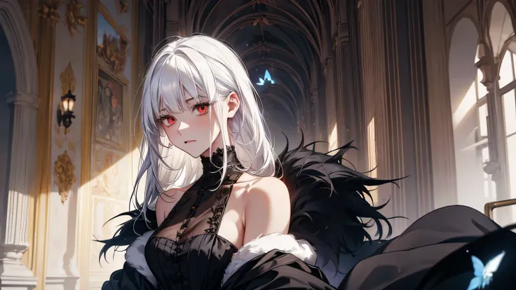 1 woman, white hair, bangs, red eyes, thin body, looking to the side, back facing camera, sorrowfull expression, black dress, white furs coat around bare shoulders, dark vibes, victorian era interior, white glow butterflies around.