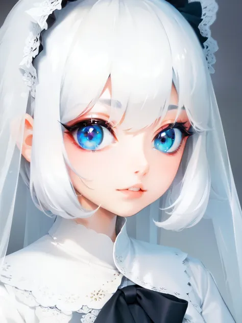 Veil on head, gray veil, white hair, gray white, Guvez art style, arrogant and indifferent girl, half-squinted, white eyeballs, white eyes, national style, gray-white