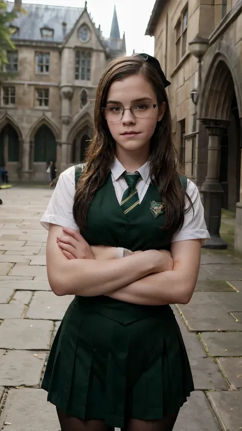 Young fat witch woman, 18 years old, Emma Watson, Slytherind school outfit with tie, in the courtyard of Hogwarts, Glasses