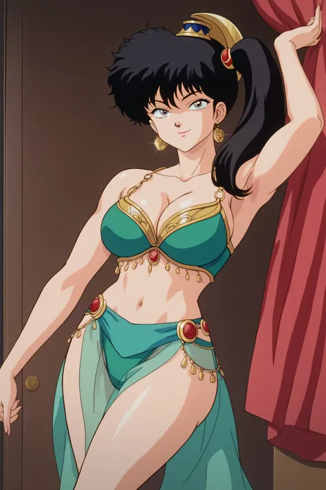  top quality, ( Masterpiece:1.2),  very detailed, kodachi kuno, Anime cels、1990s、  1 girl ,  alone,  smile,  see here、 black hair ,  side ponytail 、 Blackeye , Big Breasts、Broad shoulders、 big ass、Round jaw、Small Mouth、 small nose、 short 、whole body、blue b...