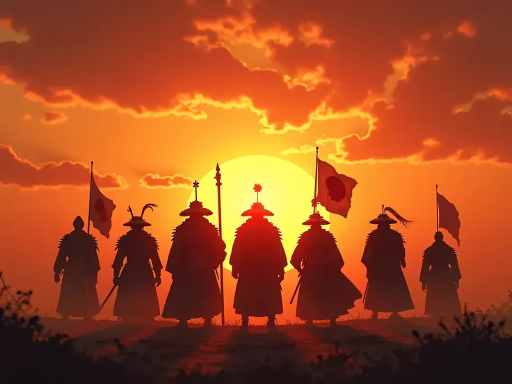 Ultra-detailed, hyper-realistic masterpiece.
As the sun sets over a vast battlefield, seven legendary warlords stand in silhouette, their imposing figures casting long shadows across the land they once fought to control. The golden-orange sky burns with th...